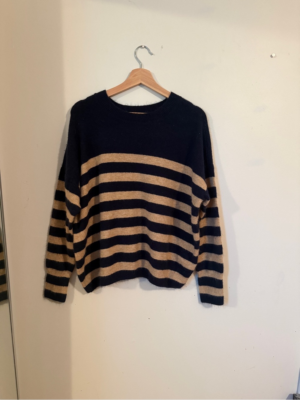 Vince Camuto Black and Tan Striped Crewneck Sweater